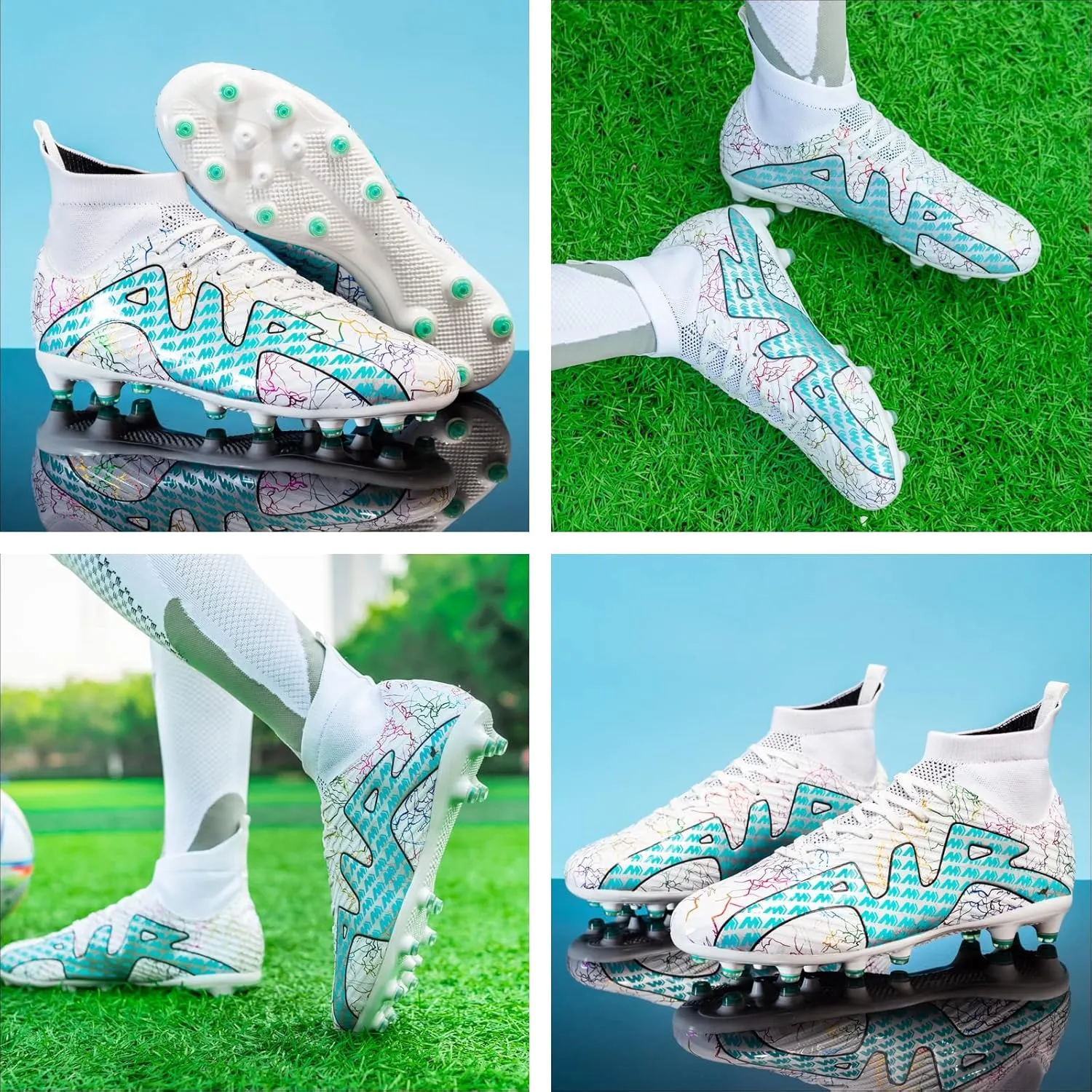 Mnplciea Soccer Cleats Mens Professional High-top Soccer Shoes Breathable Football Boots Boys Anti-Slip Outdoor Indoor Turf Training Athletic Sneaker