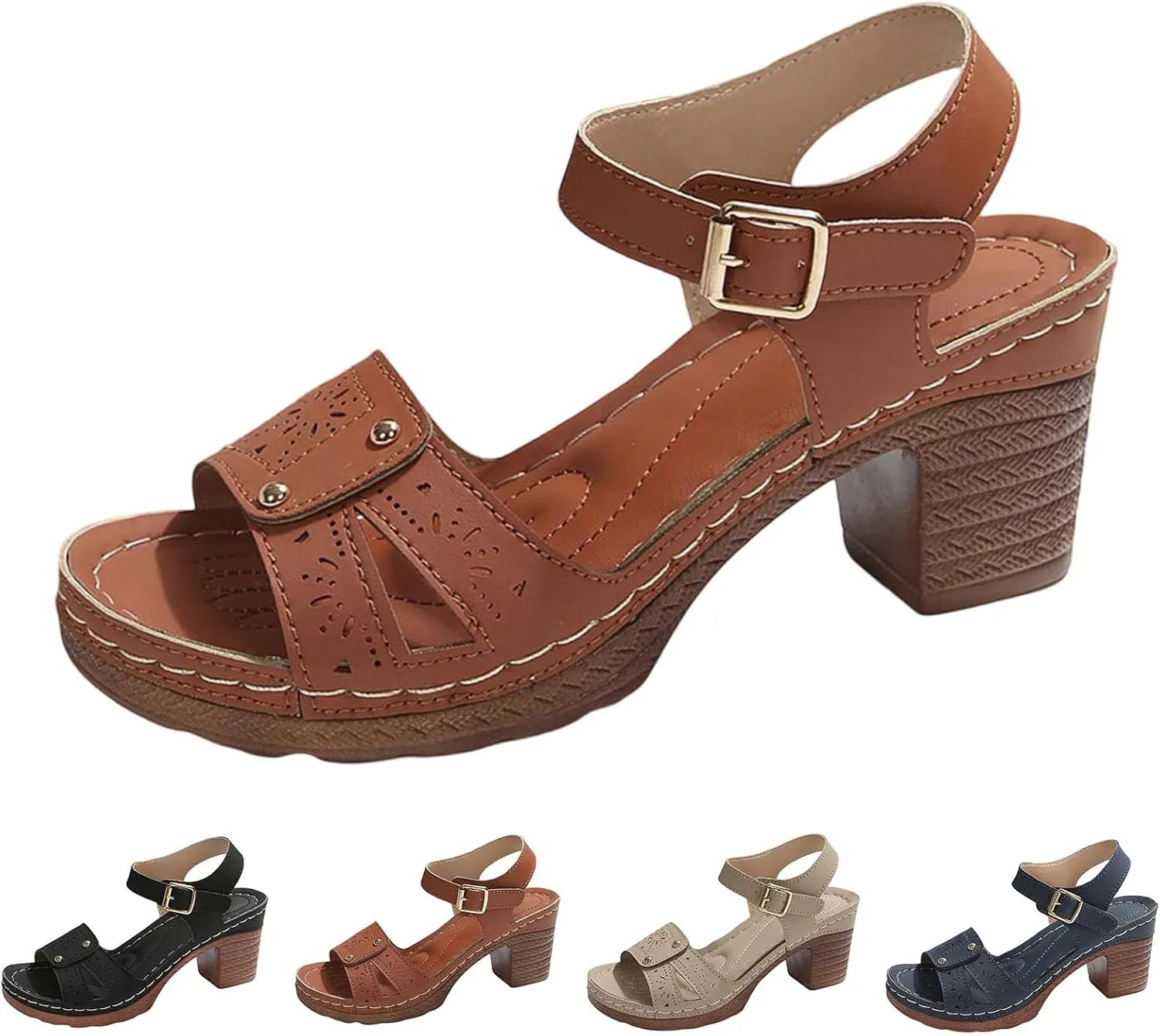 Platform Heels for Women Studded Platform High Heel Stylish Roman Block Heel Sandals with Buckle Ankle Strap