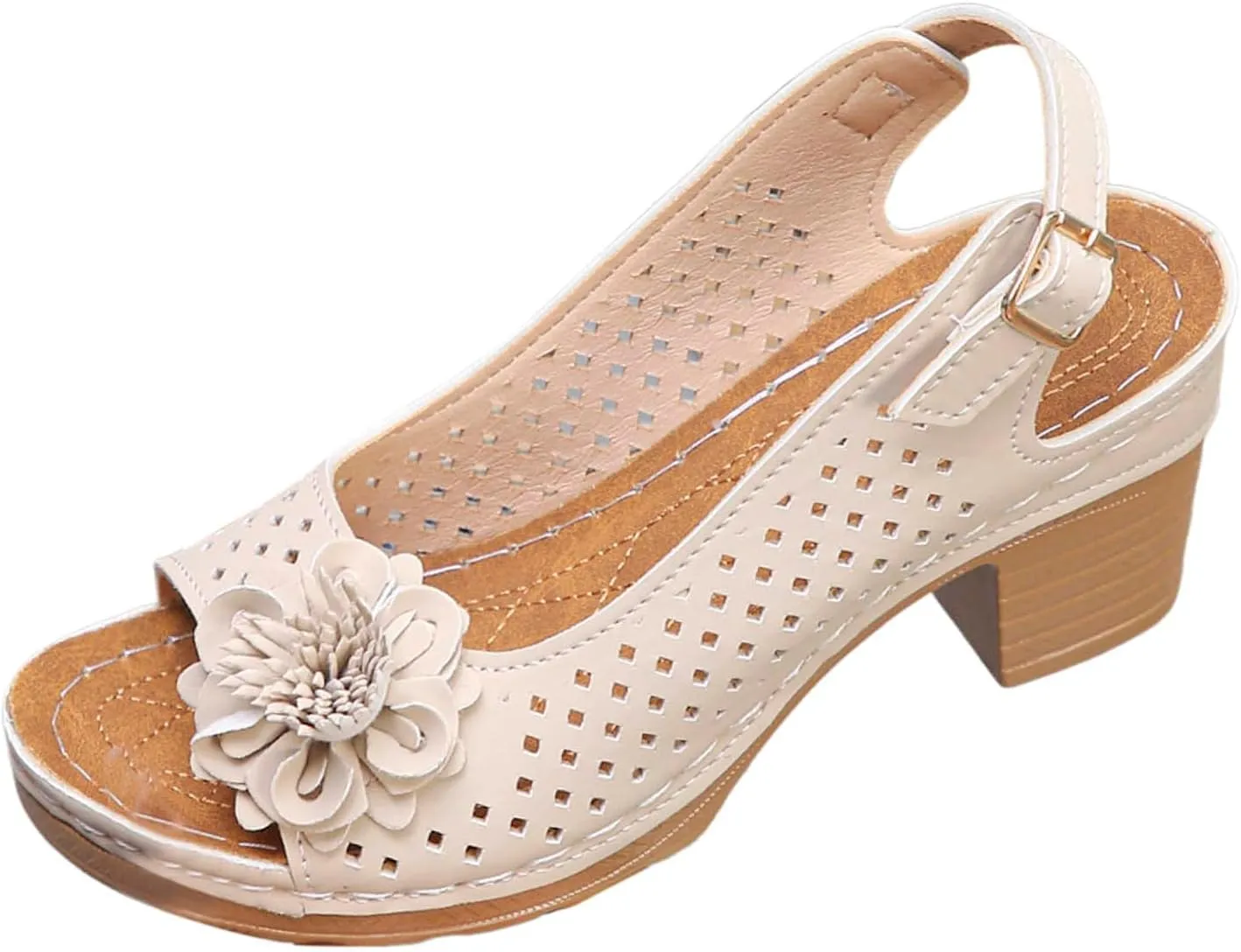 Womens Chunky High Block Heels Elegant Fish Mouth Flowers Sandals Dressy Summer Casual Ankle Strap Hollow Out Platform Wedge Sandal