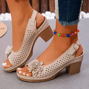 Womens Chunky High Block Heels Elegant Fish Mouth Flowers Sandals Dressy Summer Casual Ankle Strap Hollow Out Platform Wedge Sandal
