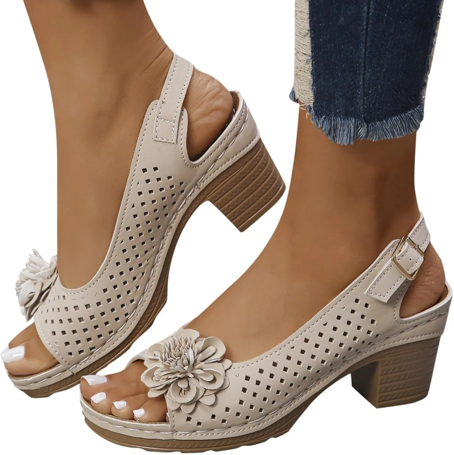 Womens Chunky High Block Heels Elegant Fish Mouth Flowers Sandals Dressy Summer Casual Ankle Strap Hollow Out Platform Wedge Sandal