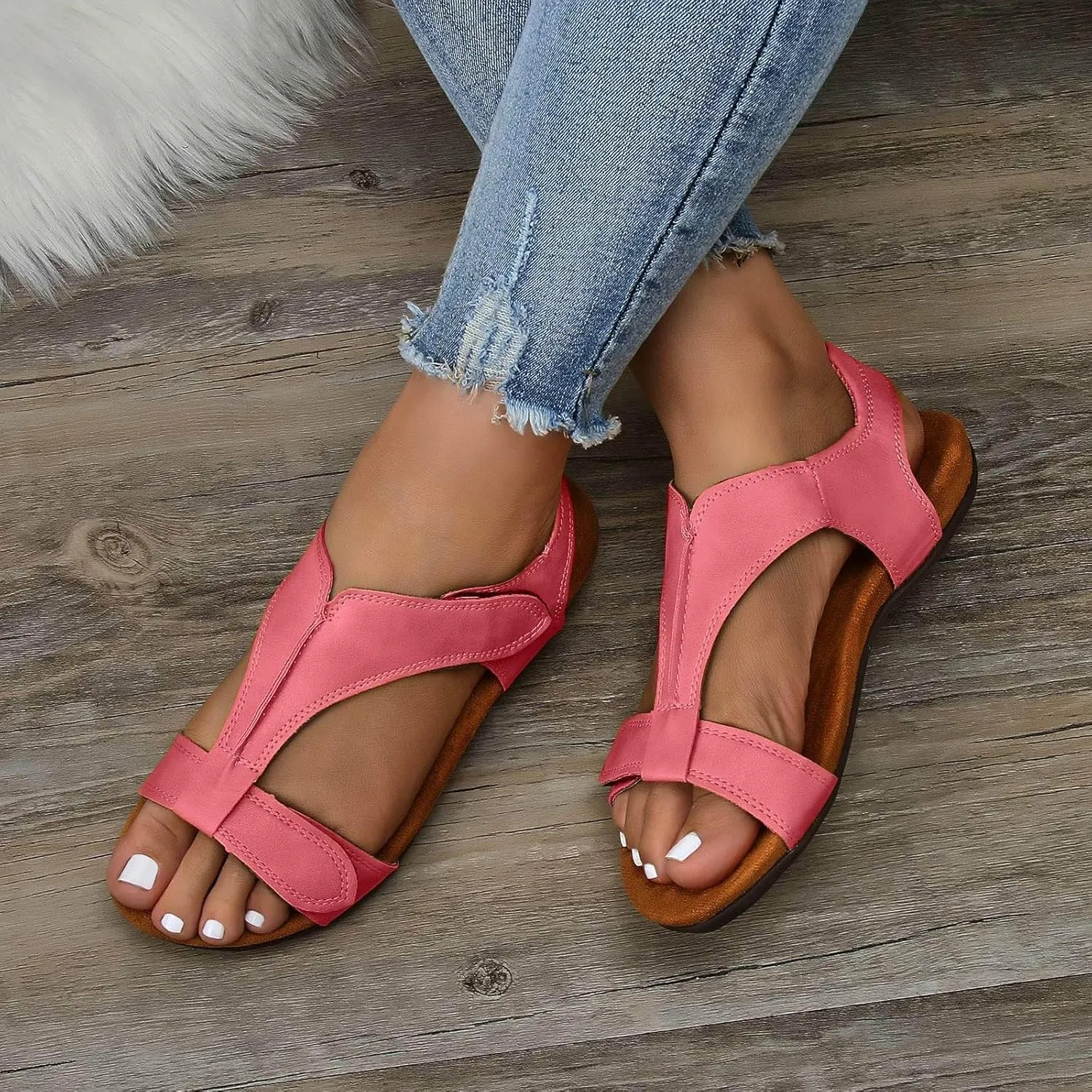 Womens Orthotic Sandals with Arch Support T-Strap Orthopedic Flat Sandals Comfortable Summer Shoes Slip On Adjustable Flat Slippers Open Toe Sandal Summer Beach Shoes