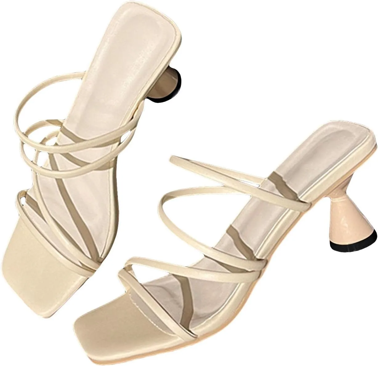 Women's Square Open Toe Strappy High Heels Sandals Two Strap Heels Sandals Flat Closed Toe Sandals for Women