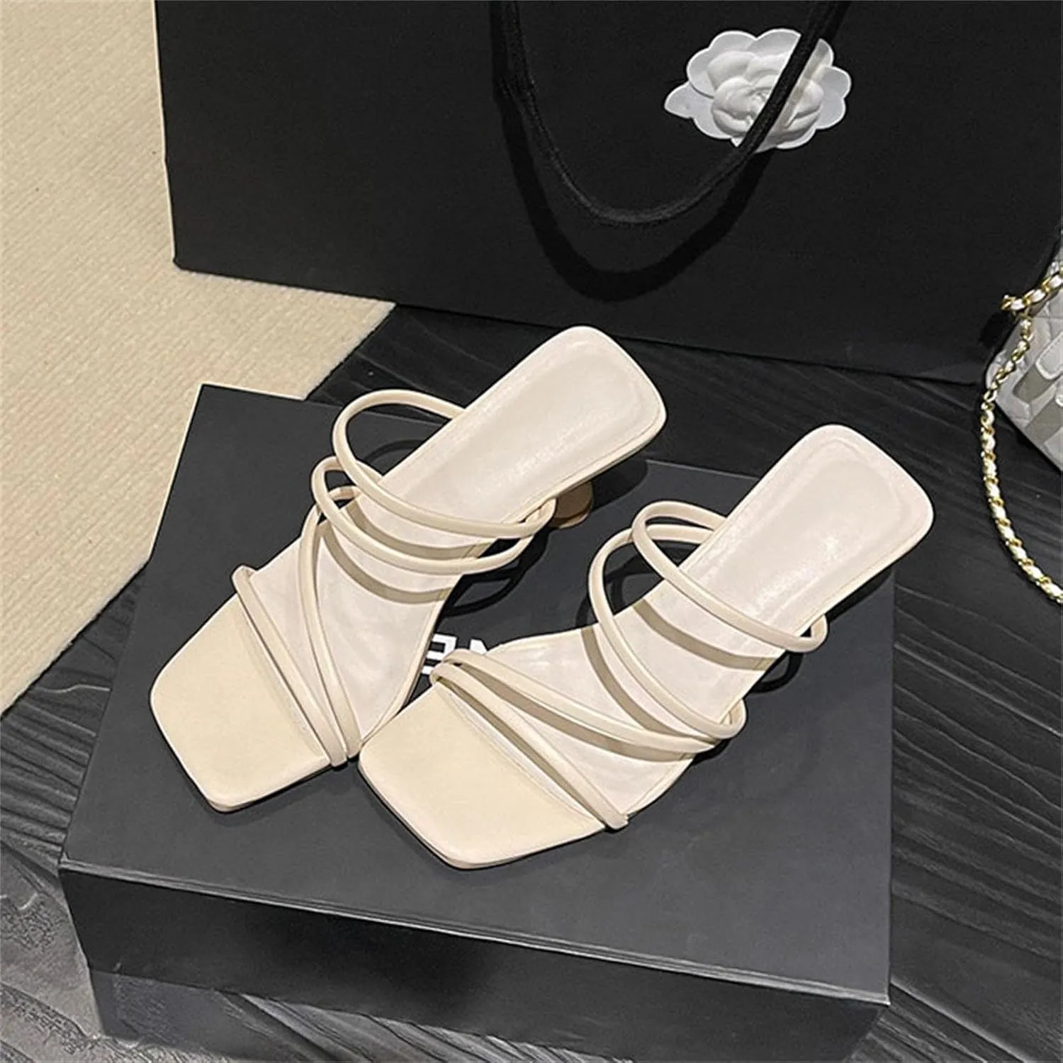 Women's Square Open Toe Strappy High Heels Sandals Two Strap Heels Sandals Flat Closed Toe Sandals for Women