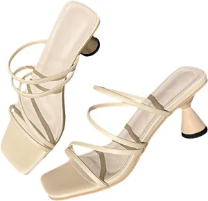 Women's Square Open Toe Strappy High Heels Sandals Two Strap Heels Sandals Flat Closed Toe Sandals for Women
