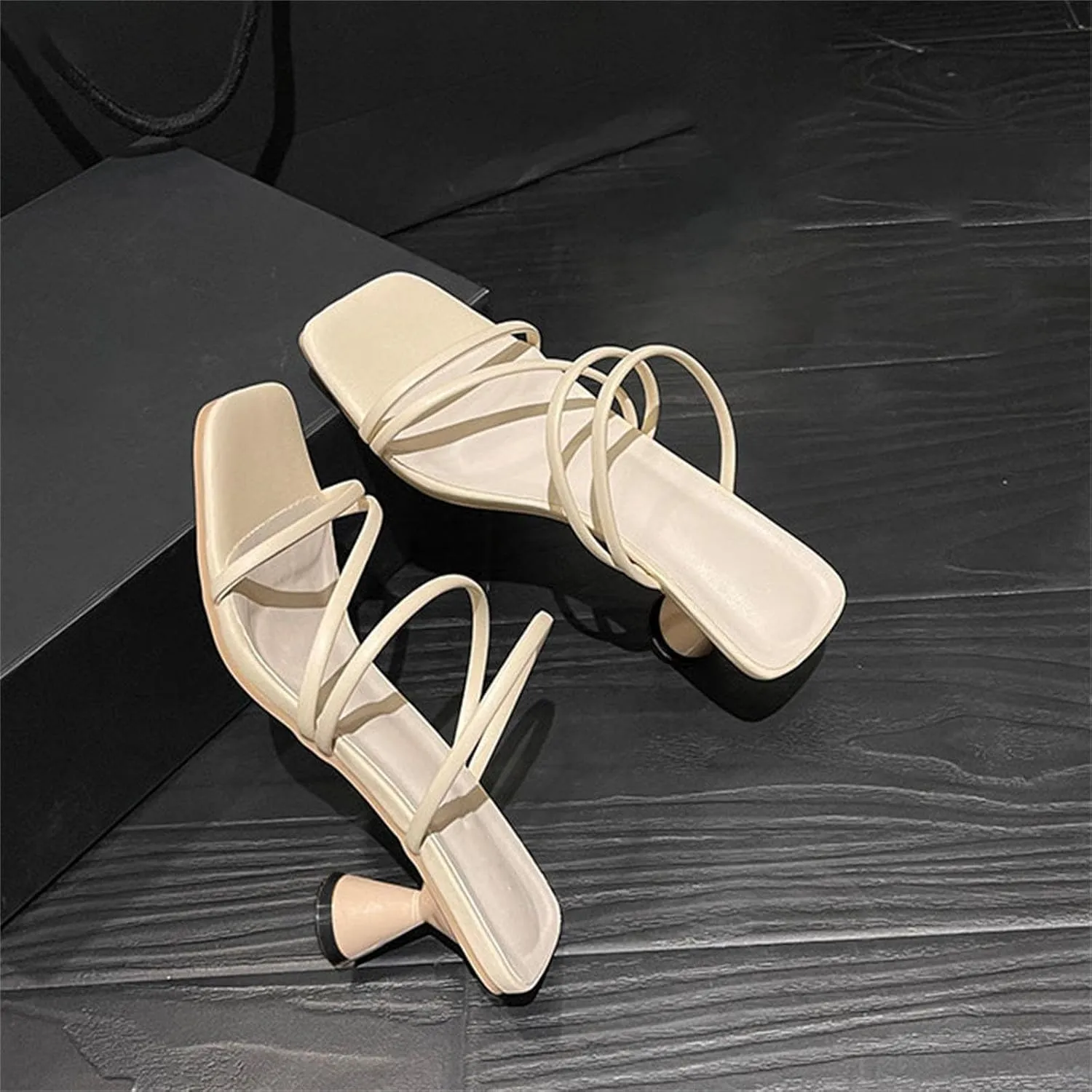 Women's Square Open Toe Strappy High Heels Sandals Two Strap Heels Sandals Flat Closed Toe Sandals for Women